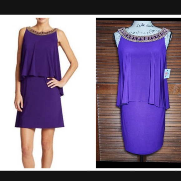 BETSY & ADAM Midnight Beaded Popover Cocktail Dress